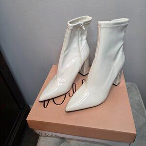 Wild Pair Iloise Pointed-Toe, Block-Hell Dress Booties, White Patent, Size 8